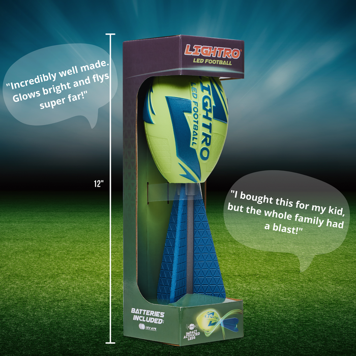 A packaged LIGHTRO LED Football stands upright on a field. The box displays a 12-inch height and speech bubbles that praise its glowing tail, brightness, long-distance throws, and fun for the whole family.