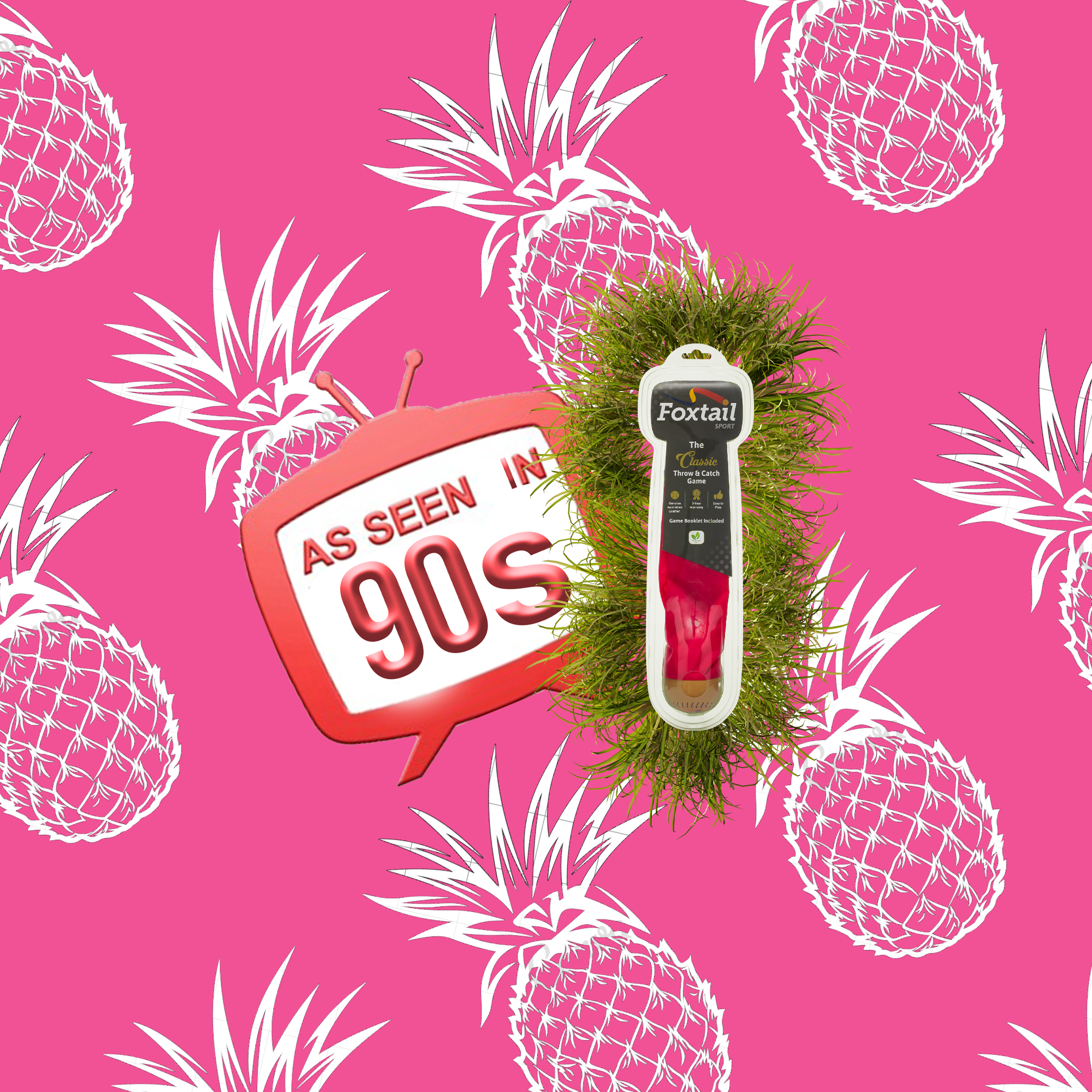 A pink background with repeating white pineapple outlines, a red As Seen in 90s TV graphic, and a retro Foxtail toy with green tassels and a red tail in the center.