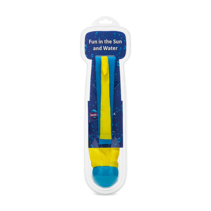 A clear plastic case holds a yellow and blue Foxtail Splash! water toy, featuring water droplet graphics, a blue label with "Fun in the Sun and Water," and a red logo on the packaging. This floating toy is perfect for summer fun.